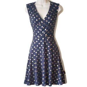 Maeve Ophira Cotton Knit Fit-N-Flare Dress XS Navy Gold Polka Dot Anthropologie